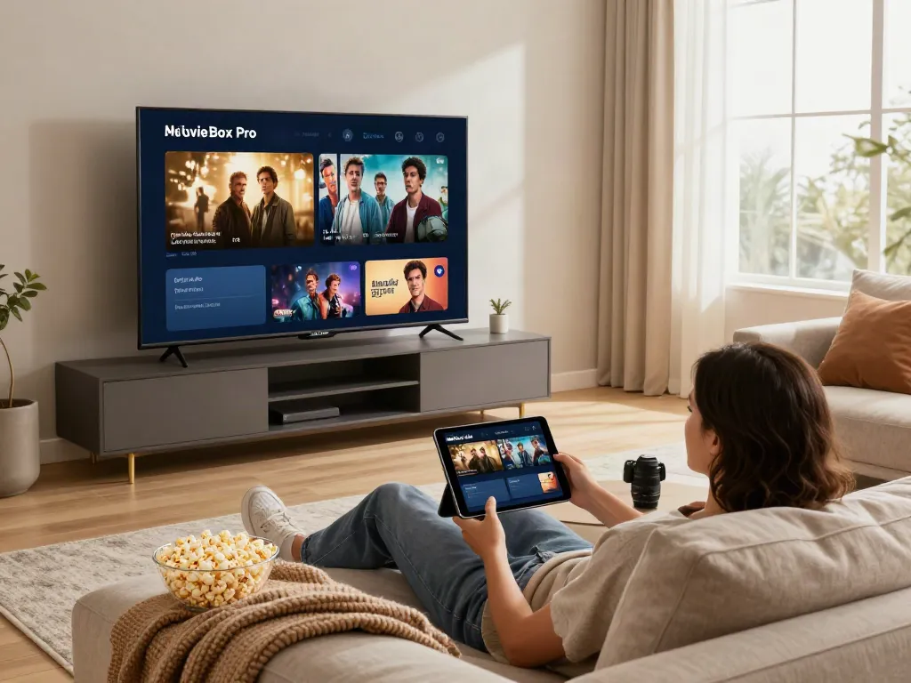 Enjoying movies on the MovieBox Pro official site at home with a cozy setup