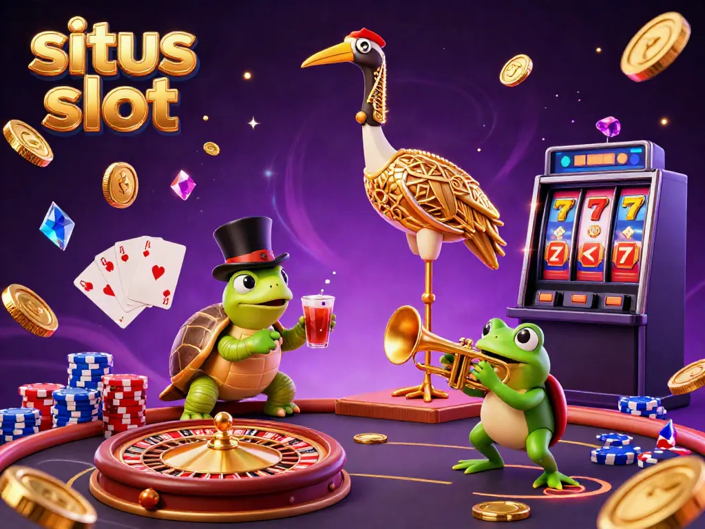 Melihat situs slot yang menarik dengan koin emas berhamburan dan karakter kartun di kasino.