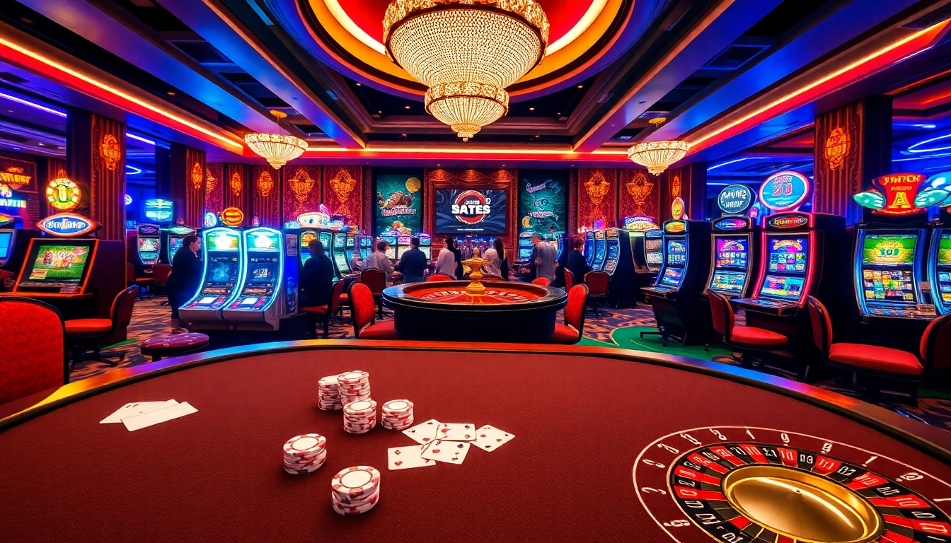 Thrilling gambling scene highlighting ทางเข้า mk8 with players at poker and slot machines.
