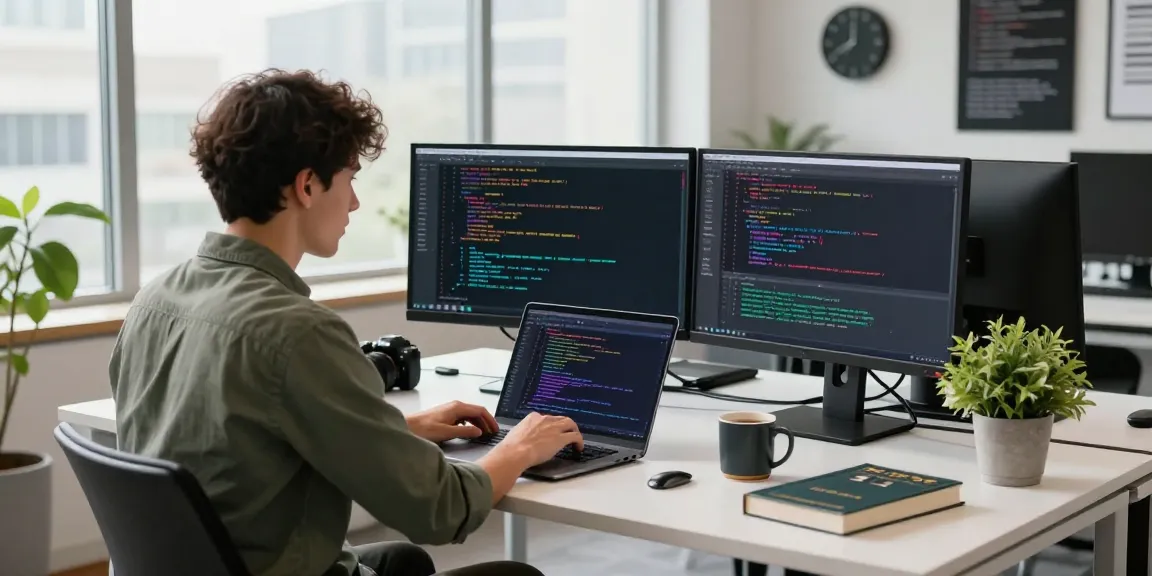 Engineer coding in modern workspace with crush ai technology, dual monitors and creative environment