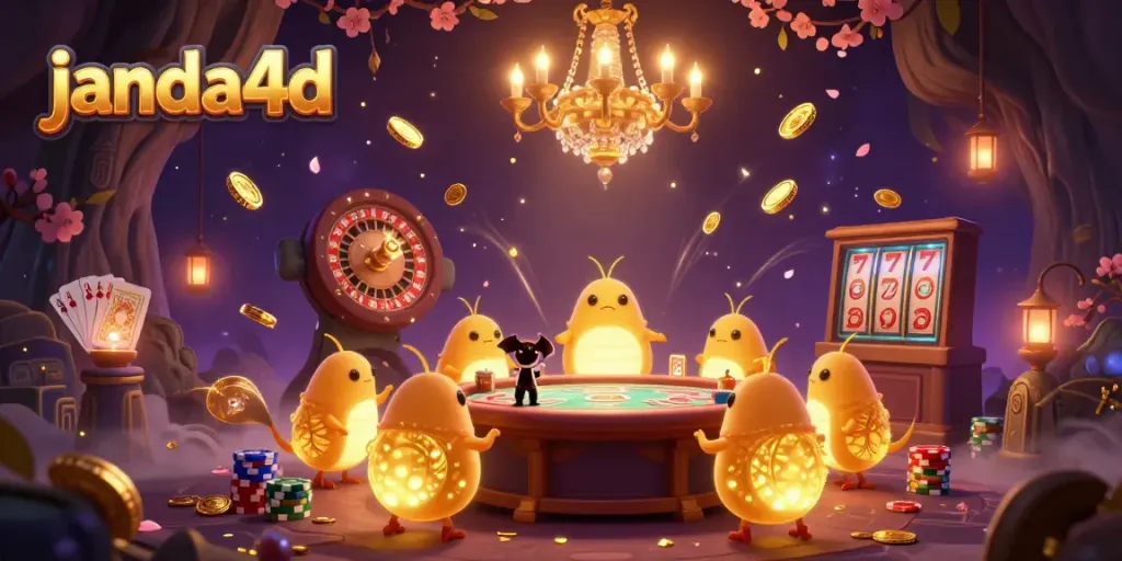 Mesin slot dan dealer hadiah bersinar dalam kasino bergaya janda4d yang menarik.