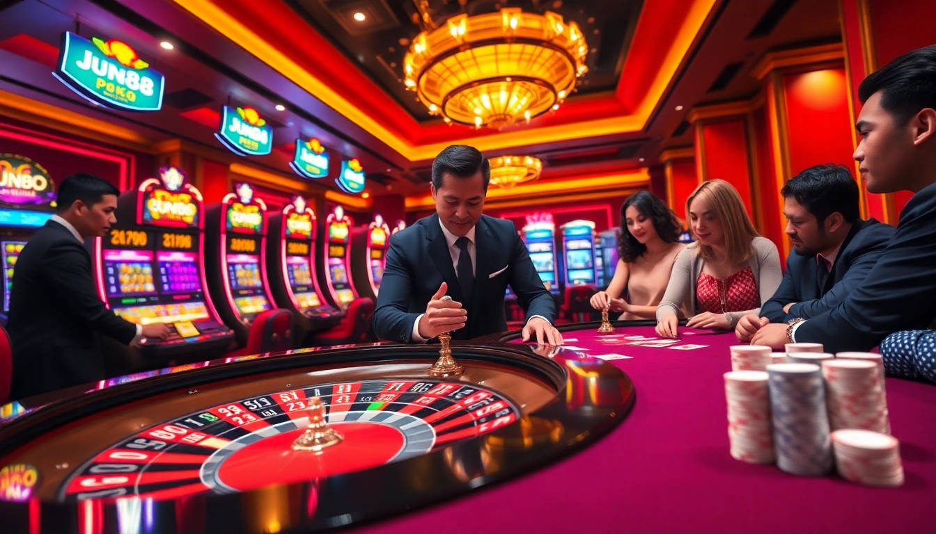Players enjoying a thrilling Jun88 casino experience at a vibrant roulette table.
