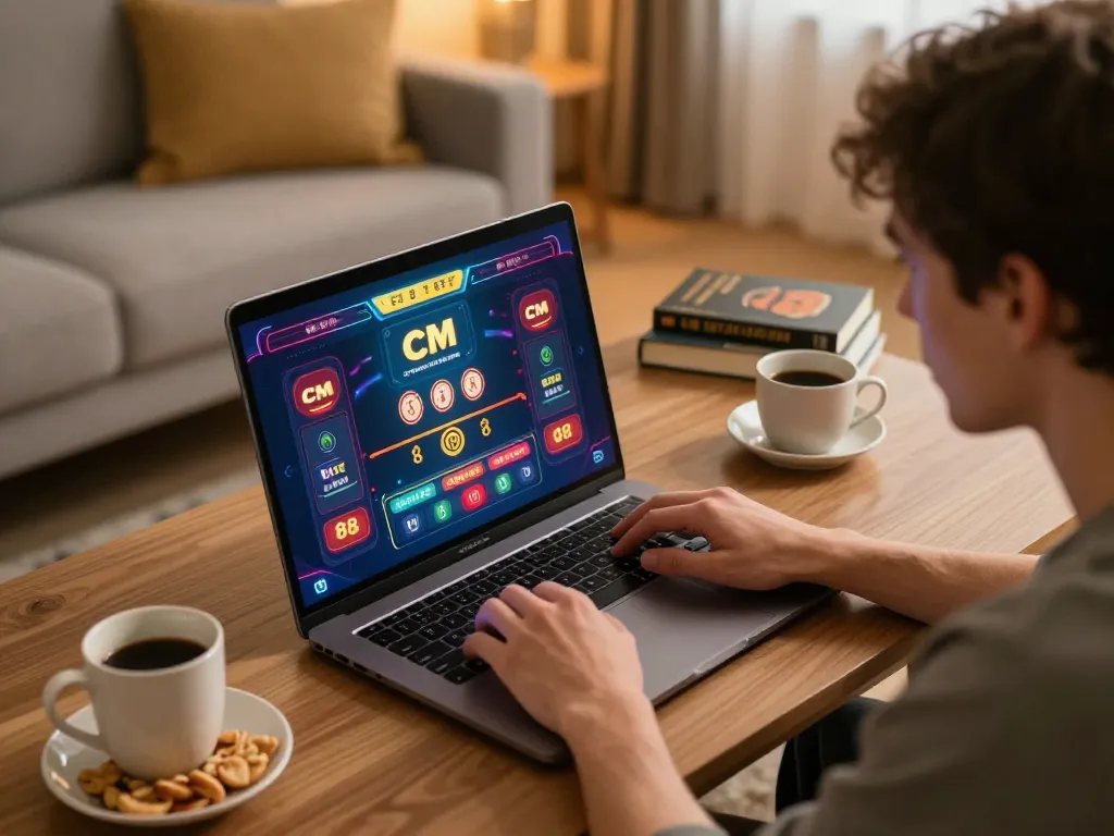 Engaging gameplay at CM 88 online casino on modern laptop in cozy home setting