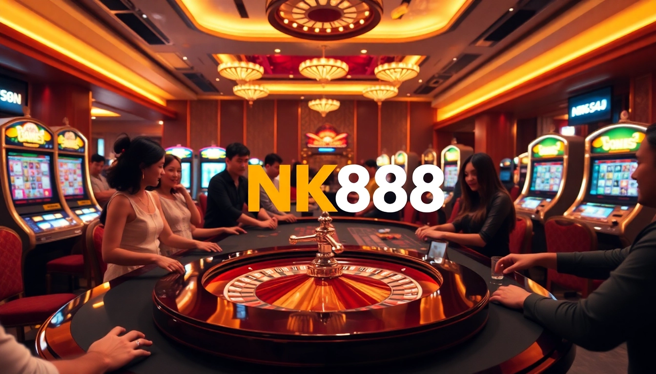 Players enjoying thrilling casino games at NK88, showcasing vibrant tables, chips, and exciting digital displays.