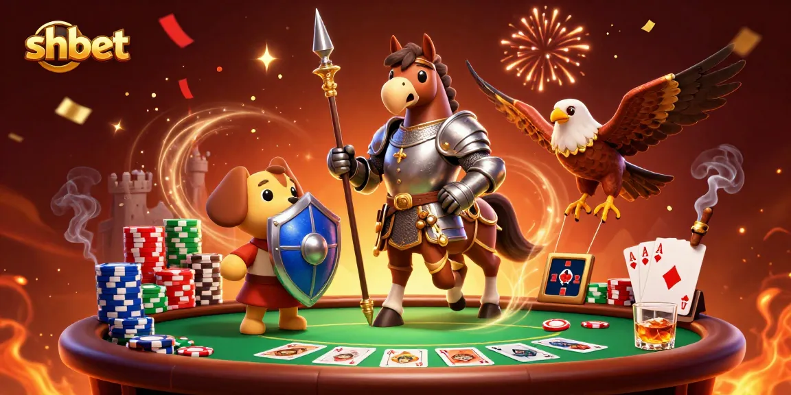 Experience the thrill of shbet with a vibrant poker scene featuring a knight, puppy, and falcon.