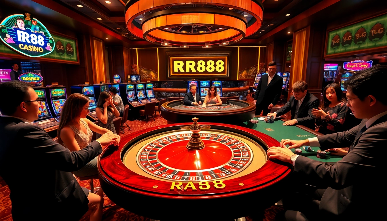 Experience the excitement of RR88 casino games with vibrant roulette tables and thrilling slot machines.