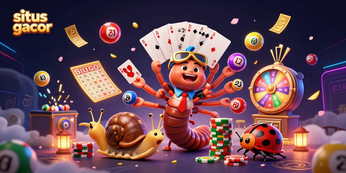 Celebrate jackpots at situs gacor with a dynamic 3D illustration of a millipede dealer and high-rolling snail.