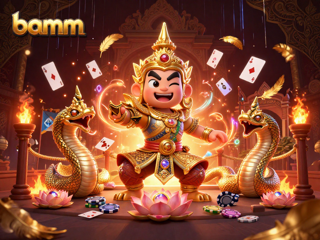 Experience thrilling poker action at bamm with vibrant characters surrounded by casino elements.