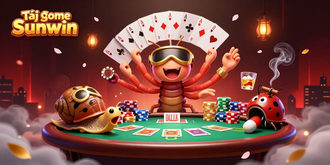 Tải game Sunwin with vibrant 3D casino elements, featuring a unique cartoon dealer and high-roller characters.
