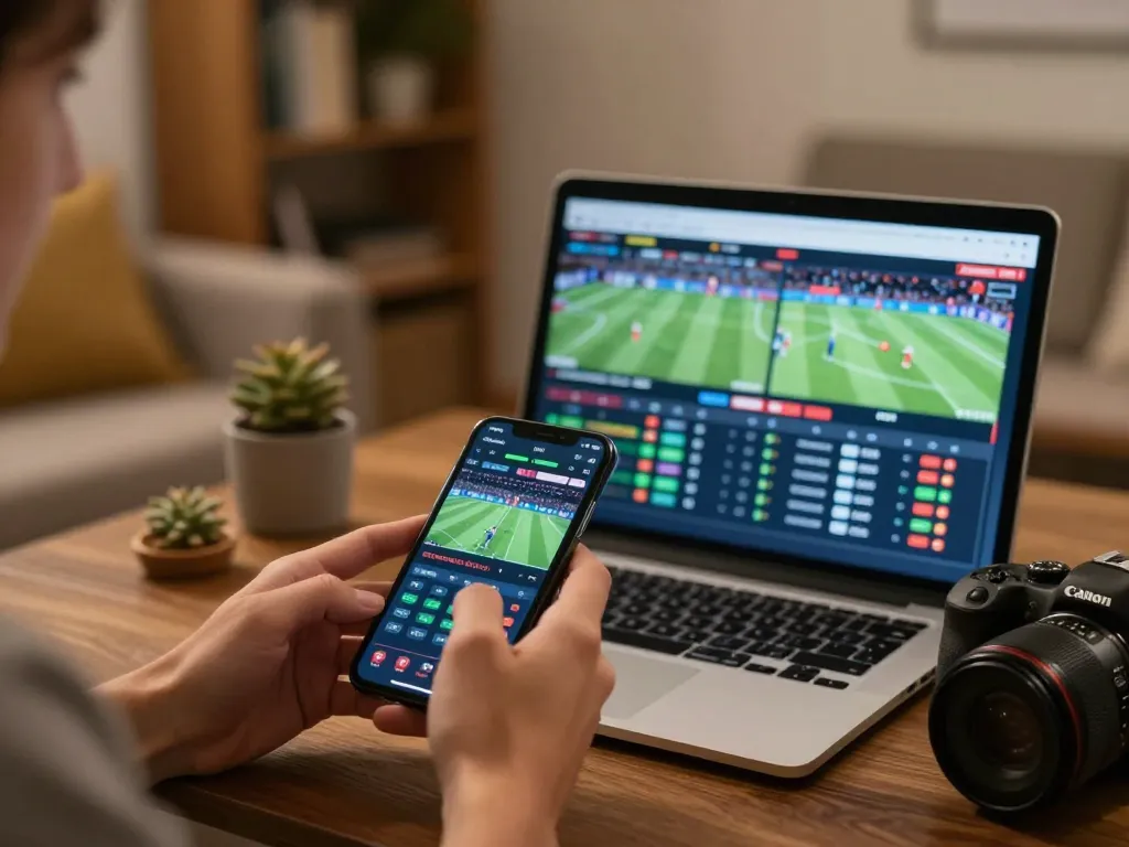 Engaging in toto betting with a smartphone displaying live sports events and odds.