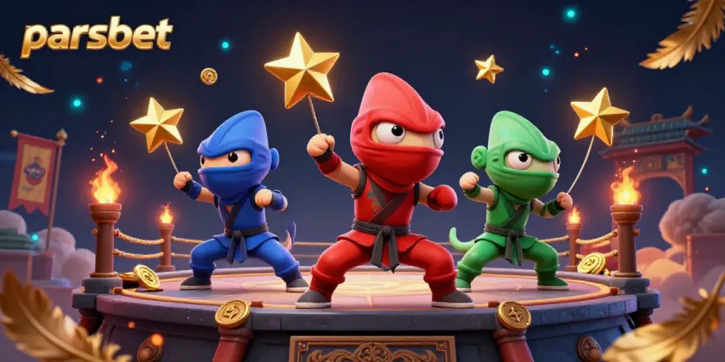 Parsbet ile ninja kertenkele ekibinin casino ortamında dövüş hareketleri yaparak kazanma şansını artırdığı atmosfer.