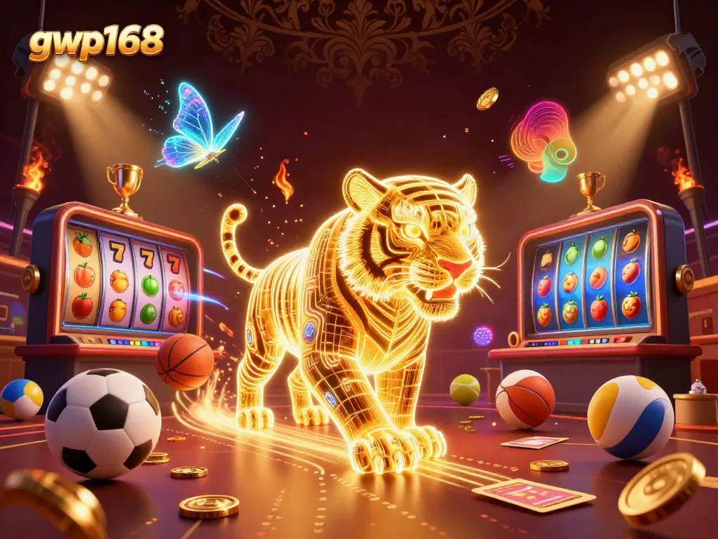 GWP168 menghadirkan ilustrasi kasino digital dengan harimau emas berenergi, simbol slot, dan elemen taruhan.
