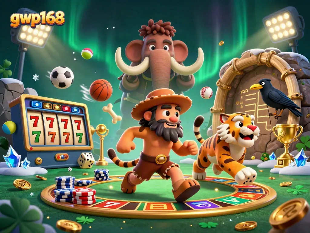GWP168 menampilkan aktivitas kasino yang seru dengan karakter kartun 3D dalam ilustrasi detail tinggi.