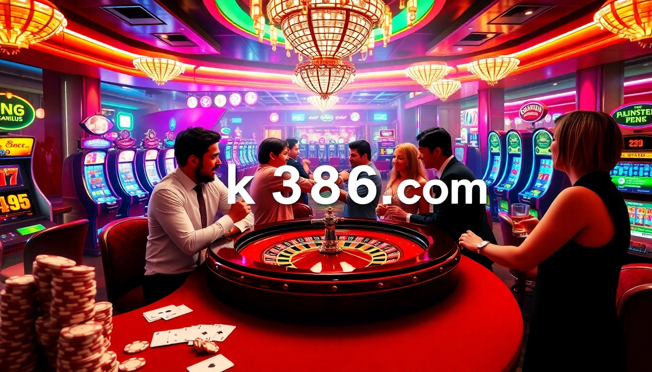 Players enjoying the excitement of roulette at ok8386.com with vibrant casino elements.