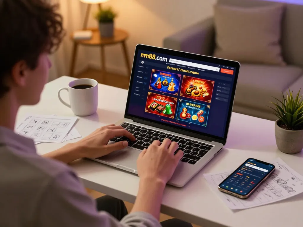 Engaging in online gaming at mm88.com, showcasing a lively laptop betting interface with ambiance.