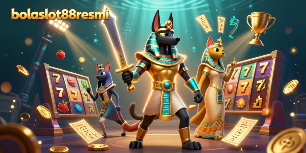 Engage with bolaslot88resmi in an exciting jackpot scene featuring Anubis, Bastet, and iconic slot symbols.