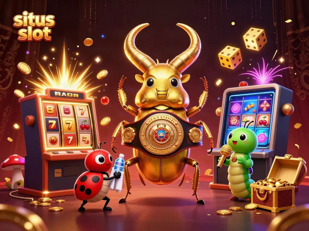 Gambaran situs slot dengan serangga 3D dan mesin slot, menggambarkan suasana bermain yang semarak.