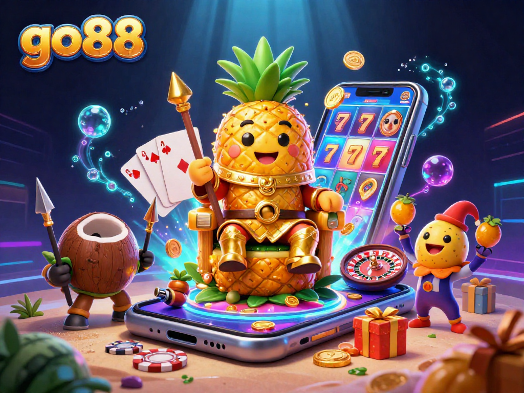 Engage with the go88 gaming scene featuring a pineapple king, vibrant slot action, and thrilling casino elements.
