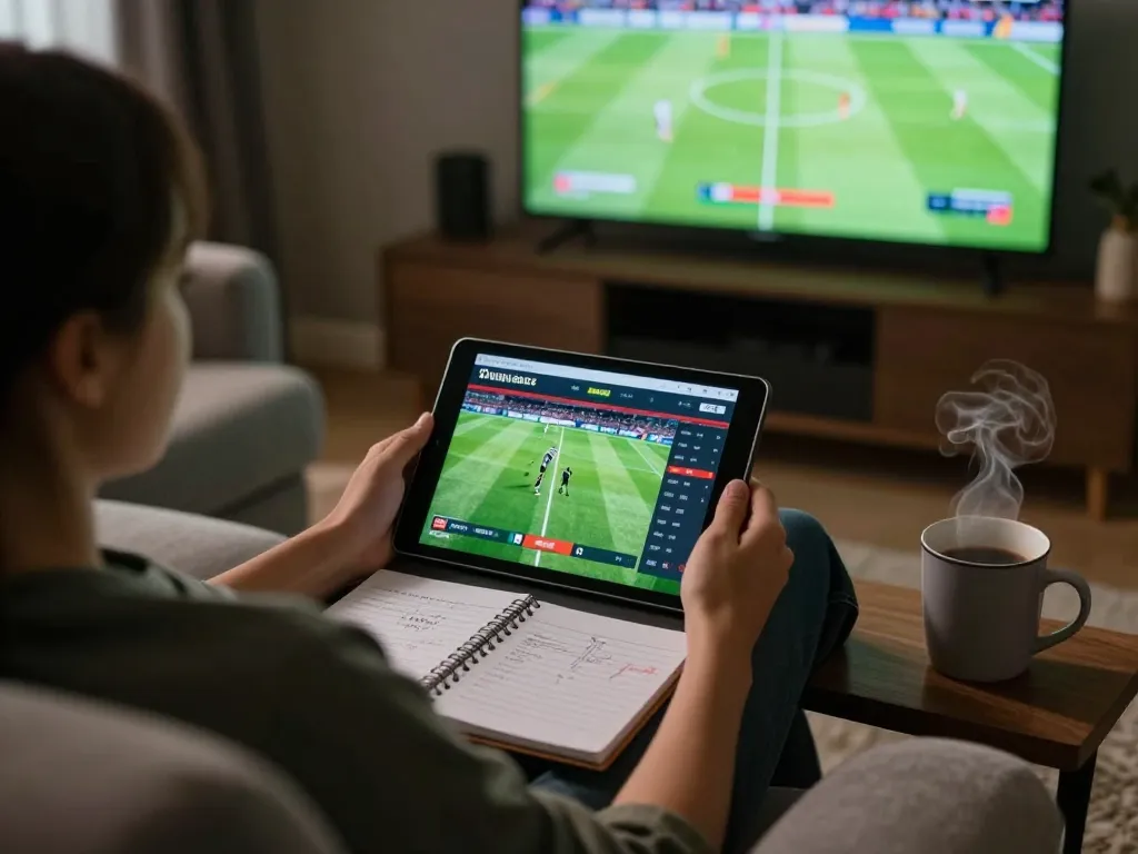 Engaging in sports betting at home with tablet showing Các loại kèo bóng đá.