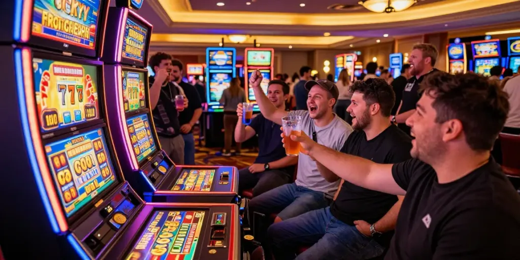 Engaged players celebrating wins at a Lucky777 slot machine in a lively casino atmosphere