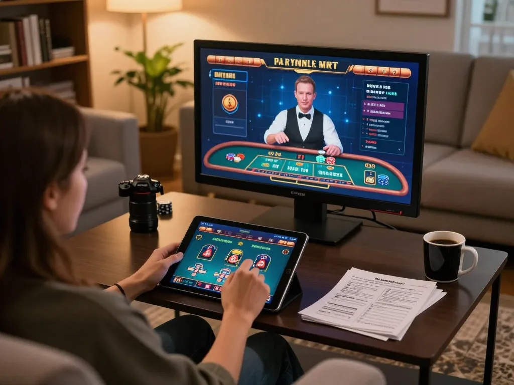 Engaging gameplay on bl555 tablet in cozy home setting, showcasing live dealer action.