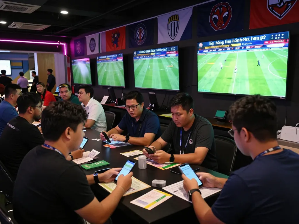 Fans engaged in kèo bóng đá hôm nay at a lively sports betting venue, placing bets and watching live matches