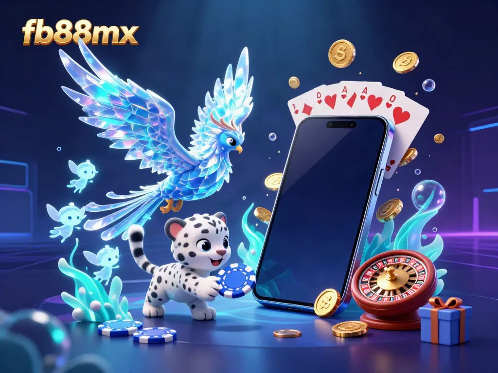 Engage in thrilling gameplay with fb88mx featuring an ice phoenix, poker chip, and casino elements.