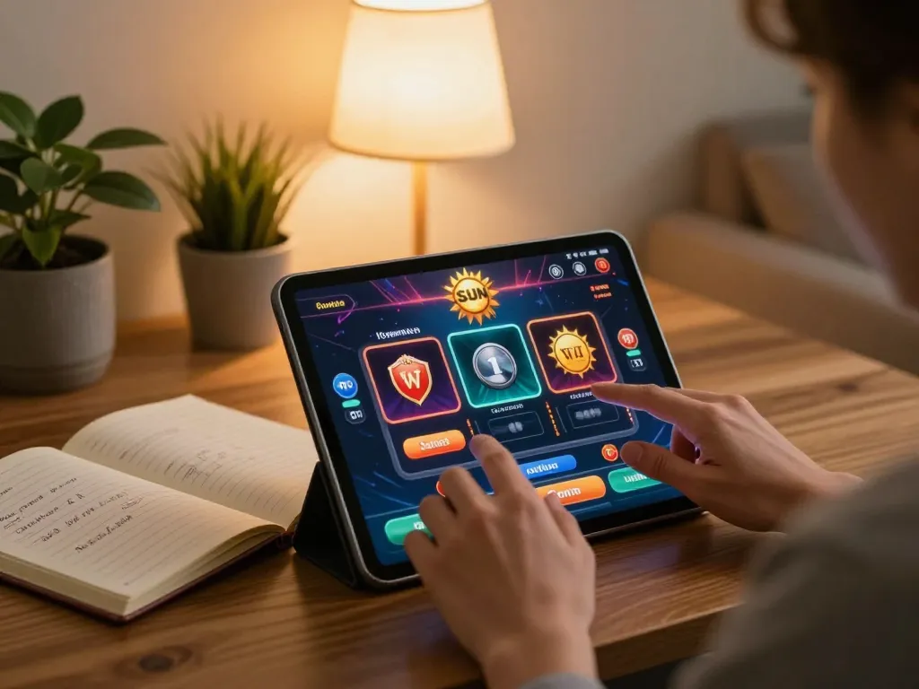 Engaging in the Sun win casino app on a tablet during a cozy home gaming session, enhancing responsible gambling.