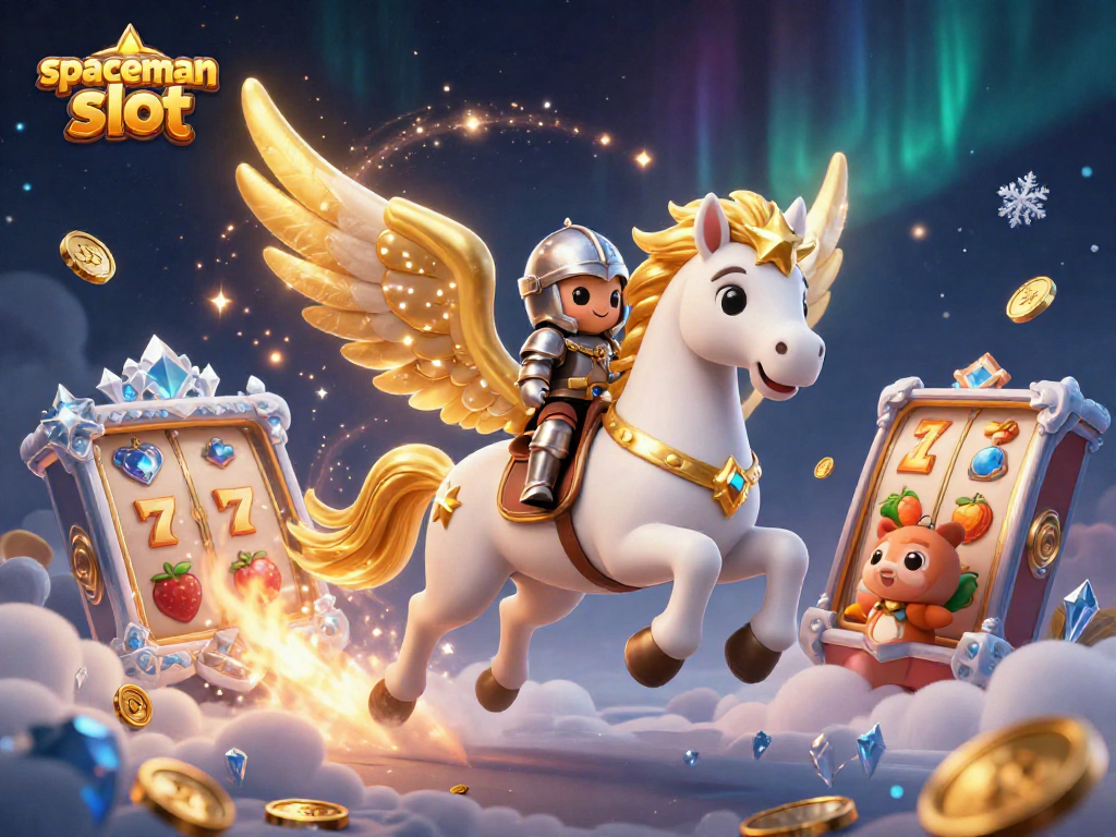 Experience the excitement of the spaceman slot with a celestial knight on a magical horse surrounded by colorful slot elements.