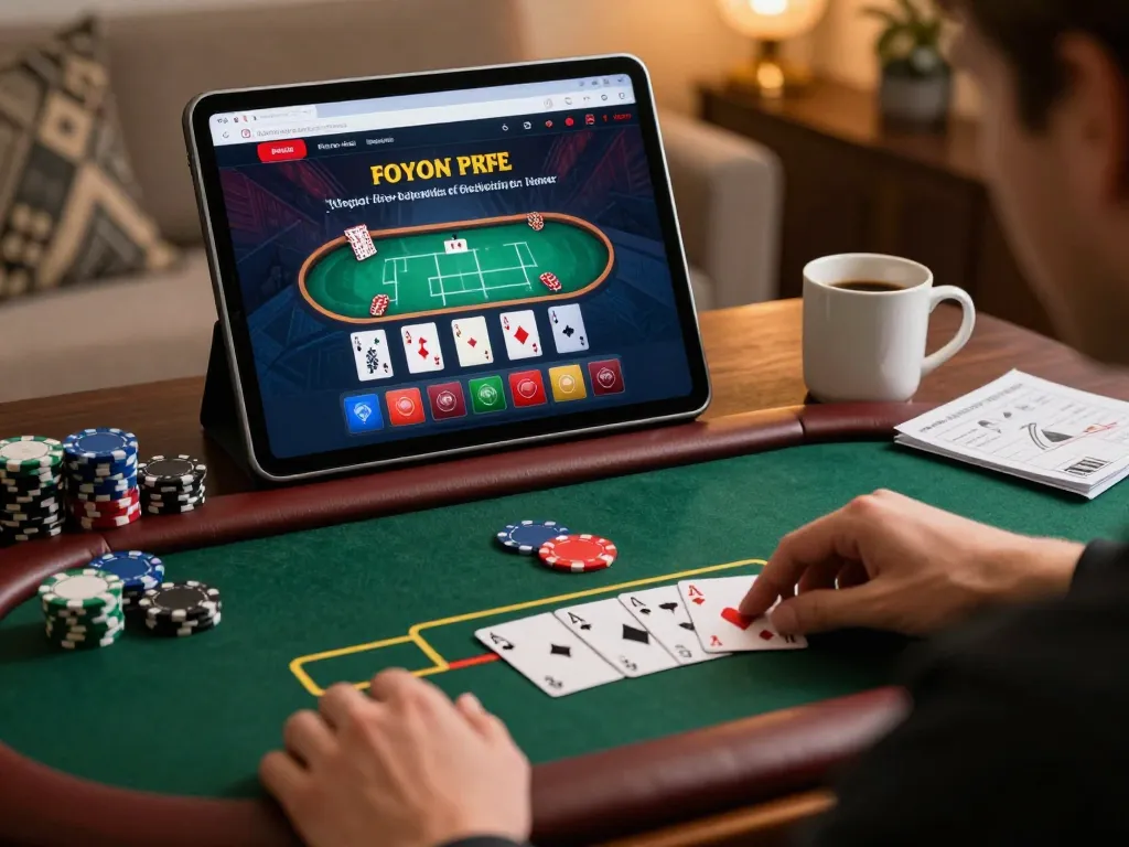 Person playing poker on a tablet for an online casino experience with 98win98 strategy notes