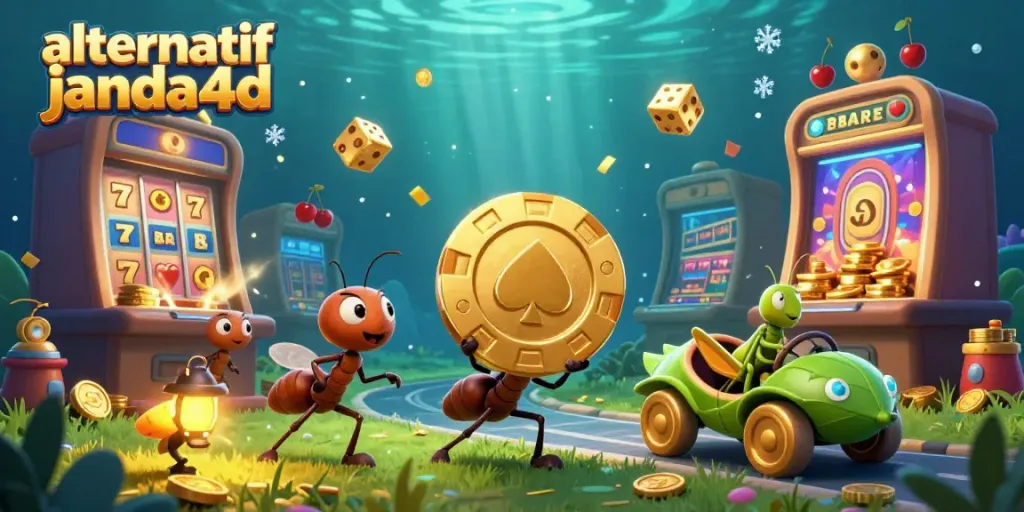 Ants menjalankan misi membawa chip poker emas di dunia kasino alternatif janda4d yang penuh keberuntungan.