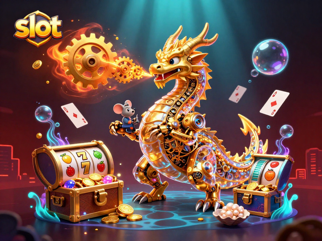 Engage with thrilling slot gameplay while the dragon breathes golden gears, surrounded by coins and jackpots.