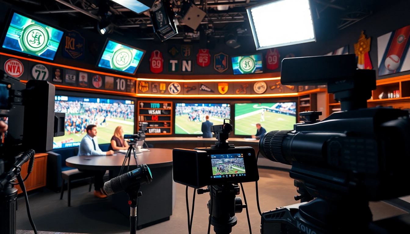 Engaging live sports broadcasting setup featuring hosts and high-tech equipment.