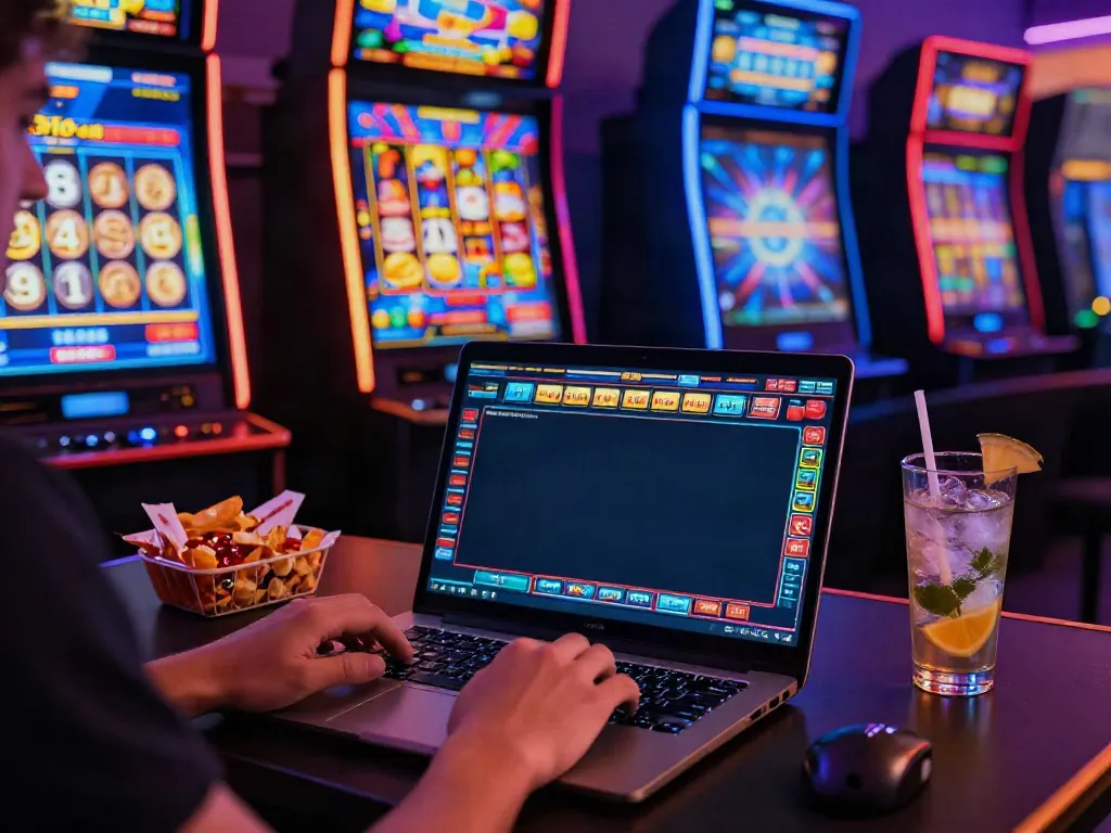Gamer menikmati permainan daftar jptoto dengan grafik slot machine yang cerah dan suasana santai.