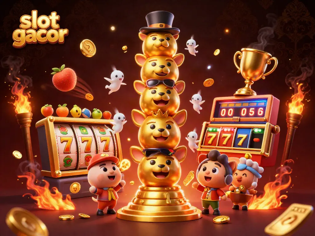 Memenangkan slot gacor dengan simbol beruntung dan elemen kasino dalam suasana meriah.
