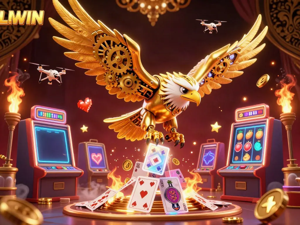 Experience thrilling gaming action with LLWIN in a vibrant casino atmosphere featuring a golden eagle among holographic cards and slot machines.