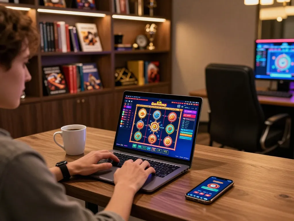 Engaging in non gamstop online gaming from a stylish home setup with vibrant slots interface.