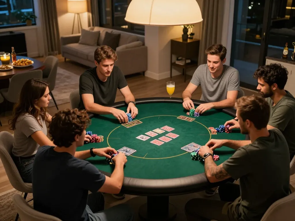 Players at a home poker game with chips and cards, showcasing strategic m109 gameplay.