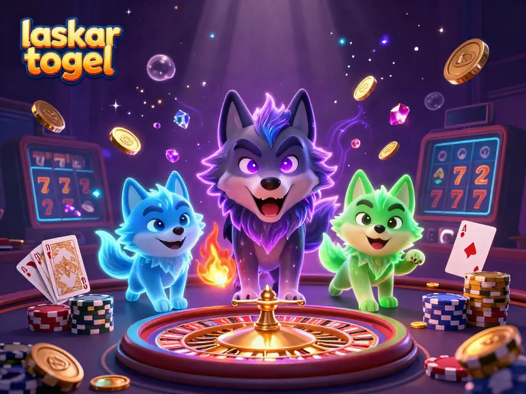 Experience thrilling gameplay with laskar togel in a vibrant 3D casino illustration featuring ghostly wolves and dynamic casino elements.