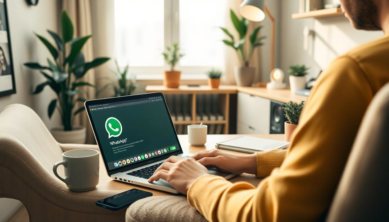 在快连官网使用 WhatsApp Web 实现无缝沟通的互动场景，展示一个温馨的家庭办公环境。