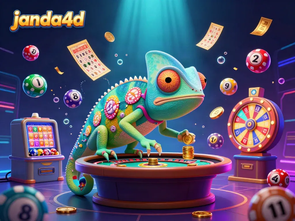 Ilustrasi kasino janda4d menampilkan chameleon pemilik kasino yang menangkap koin emas.