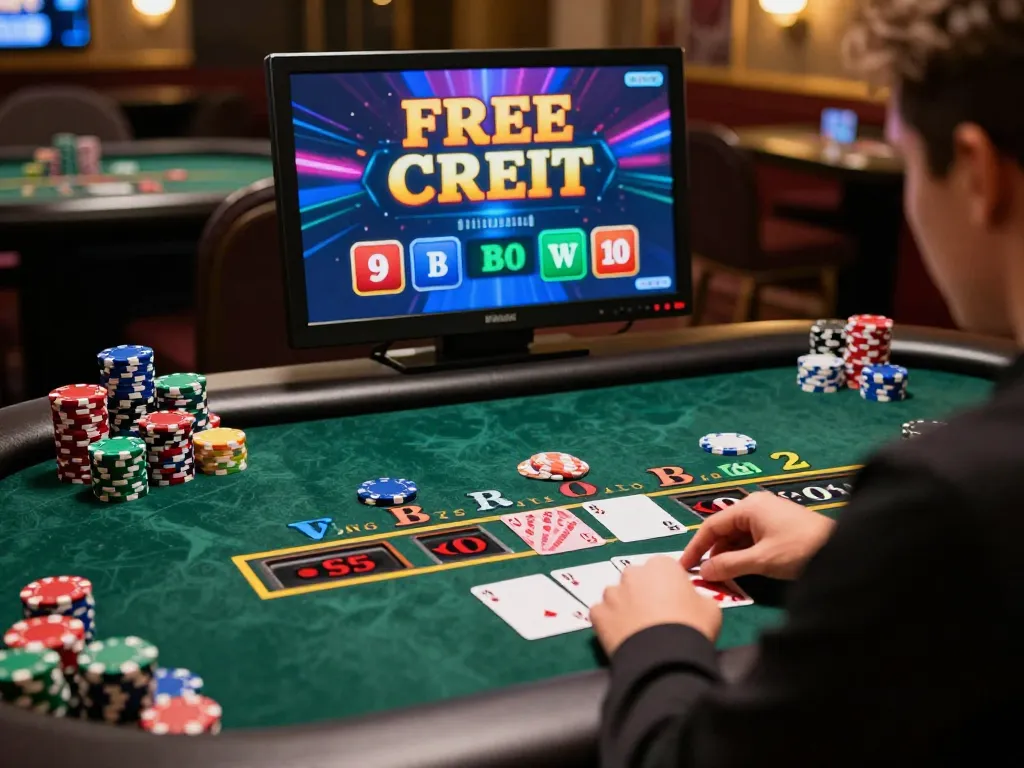 Engaging player enjoying free credit baccarat online with colorful gaming setup and cards.