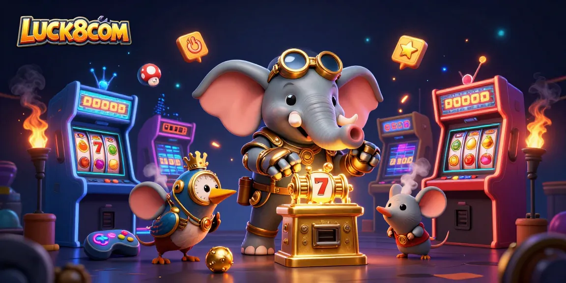 Engage with LUCK8COM's vibrant slot games featuring a steampunk elephant engineer and exciting arcade elements.