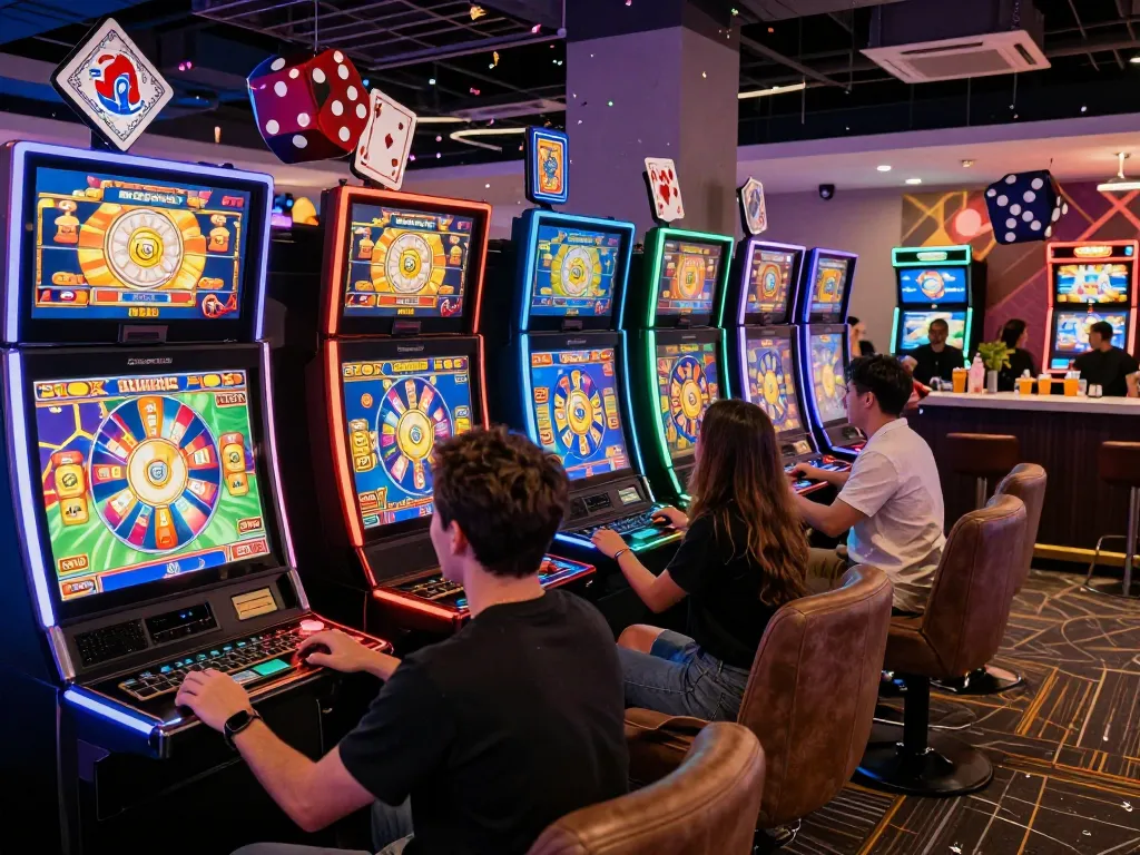 Rasakan keseruan slot demo di lingkungan kasino online yang hidup dengan pemain yang terlibat dalam permainan berwarna-warni.