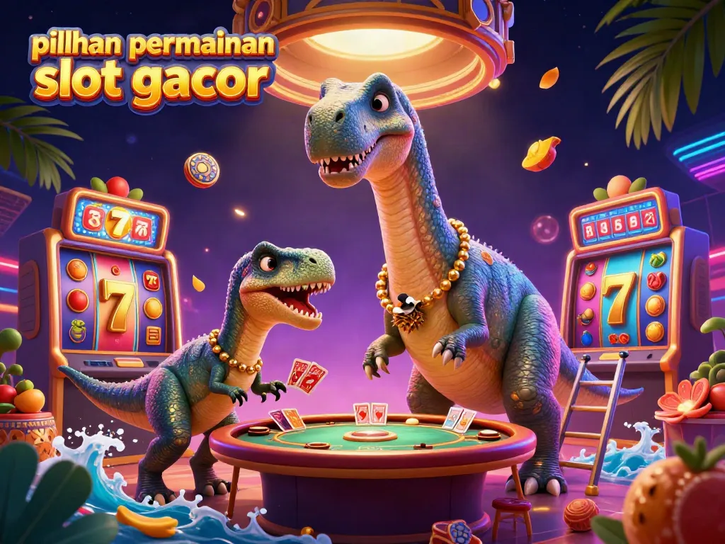 Menangkan pilihan permainan slot gacor di kasino dengan ilustrasi brontosaurus dan raptor dalam suasana kasino.