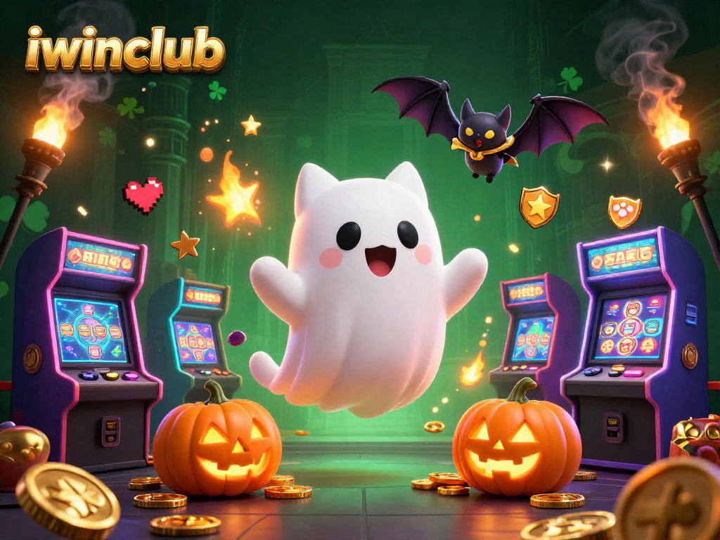 Engage with iwinclub's ghost cat and vampire bat in a vibrant casino illustration.