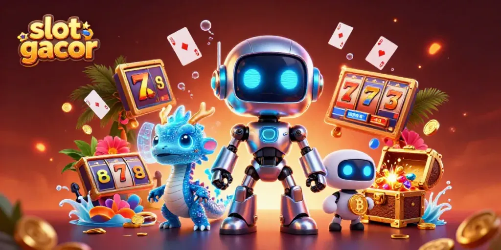 Engage in vibrant slot gacor gaming with neon elements, 3D characters, and prizes floating around.
