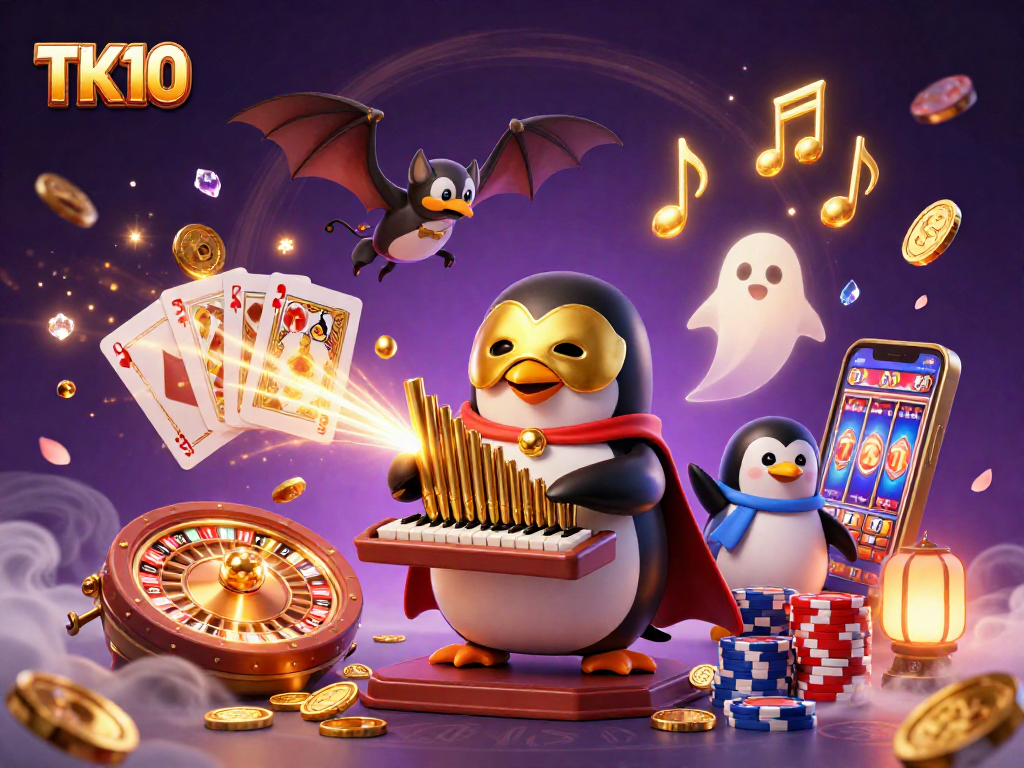 Experience winning thrills with TK10 as the phantom opera penguin unleashes golden coins in a magical casino.