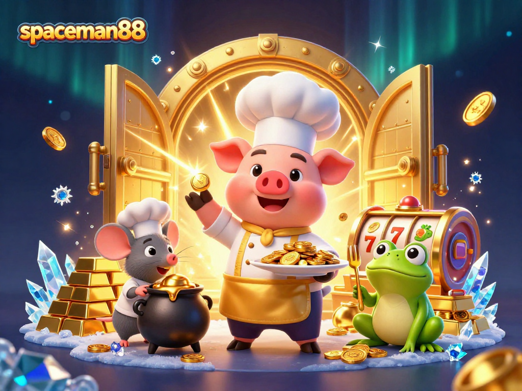 Spin and win with spaceman88 in this vibrant 3D casino scene featuring gold coins and slot reels.