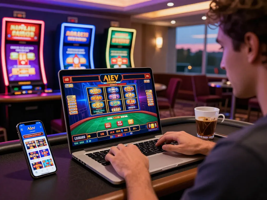 Player enjoying Alev Casino's live dealer games on a laptop in a vibrant gaming room.